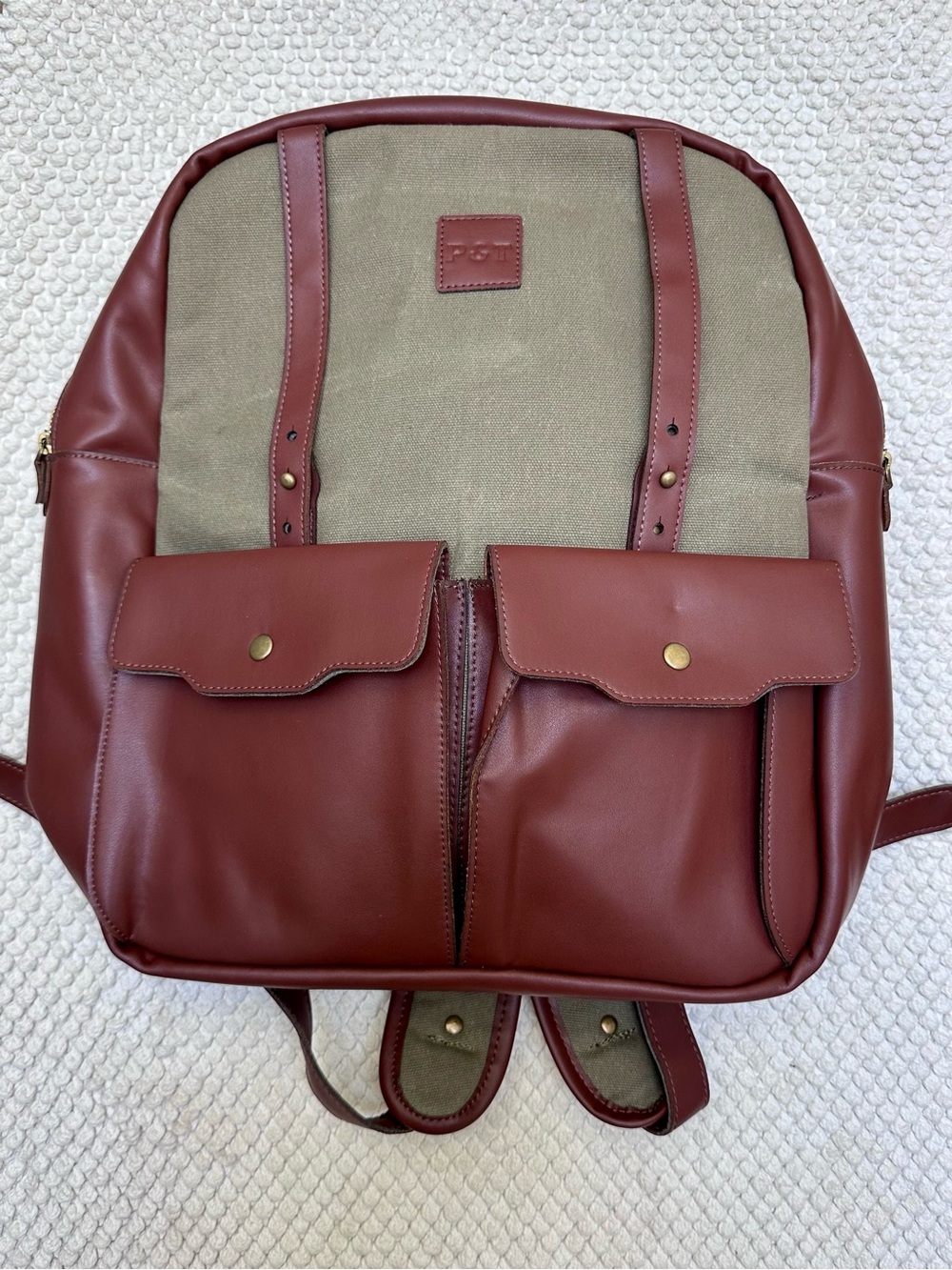 NWOT Men’s Faux Leather/Canvas Brown and Green Backpack with Storage